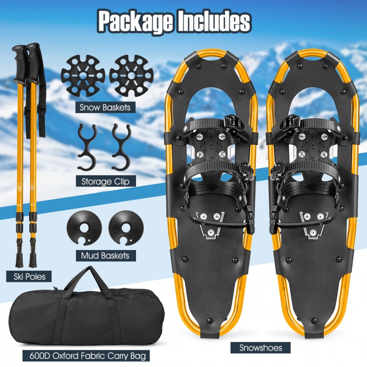 Lightweight 21-inch snowshoes with ski poles, mud and snow baskets, and carry bag for easy winter trekking.